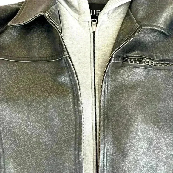 Guess Men Black Faux Leather Double Zip Hooded Coat Moto Bomber Jacket Size S - Picture 13 of 16